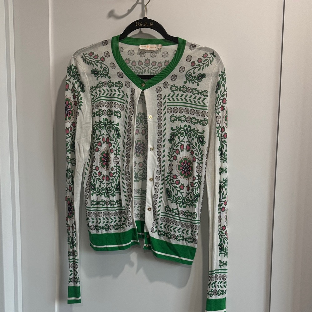 Tory Burch Green and White Patterned Cardigan